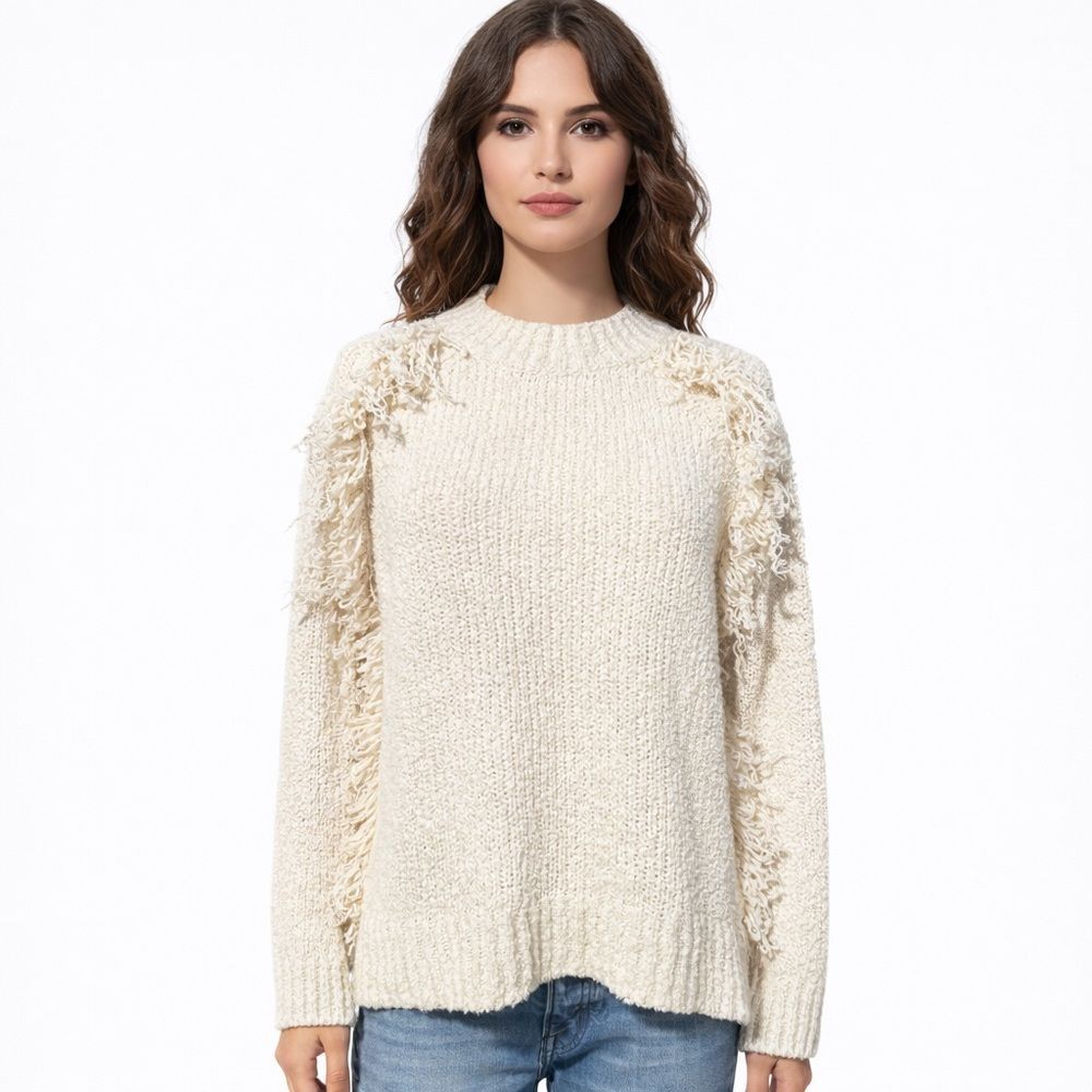 Madewell Fringe Sweater Small Cream Loop Edge Knit Pullover Cozy Neutral